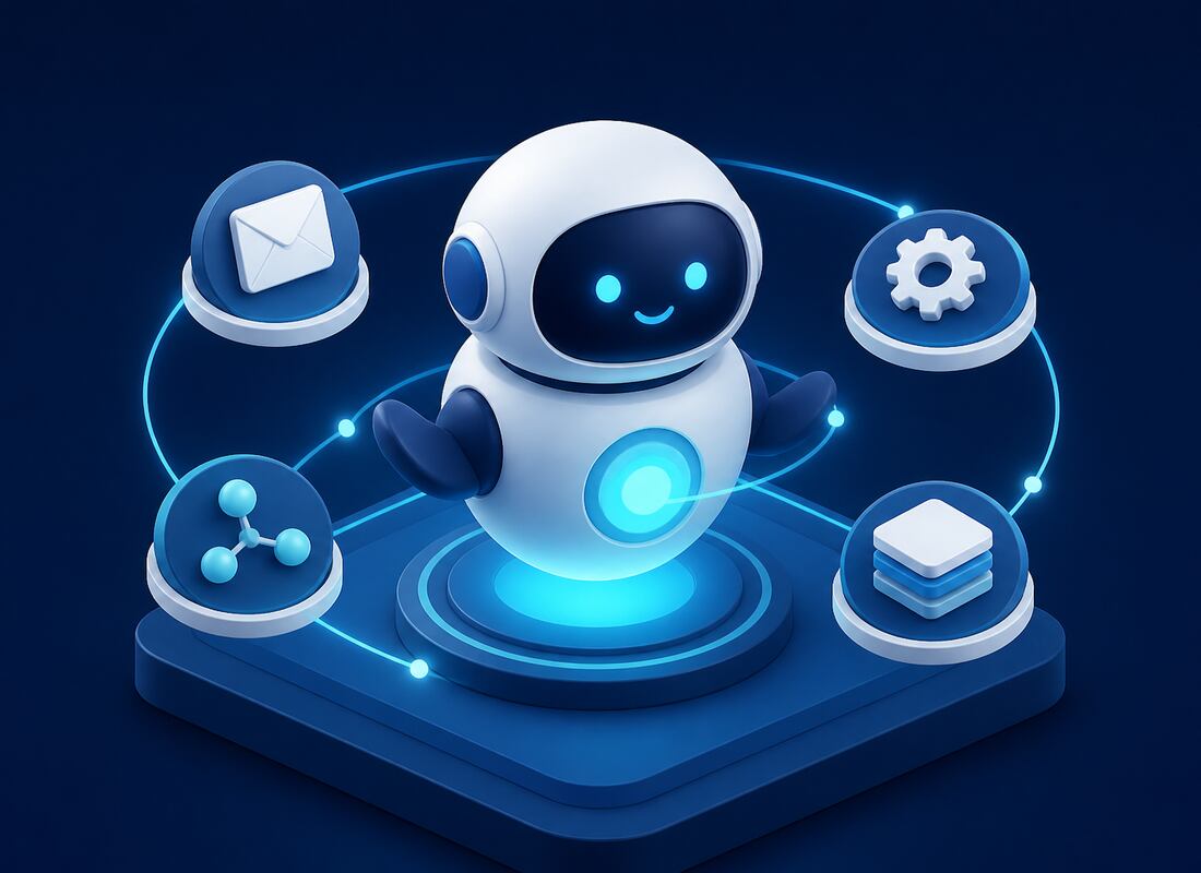 Friendly geometric AI assistant with a glowing core surrounded by orbiting task tokens