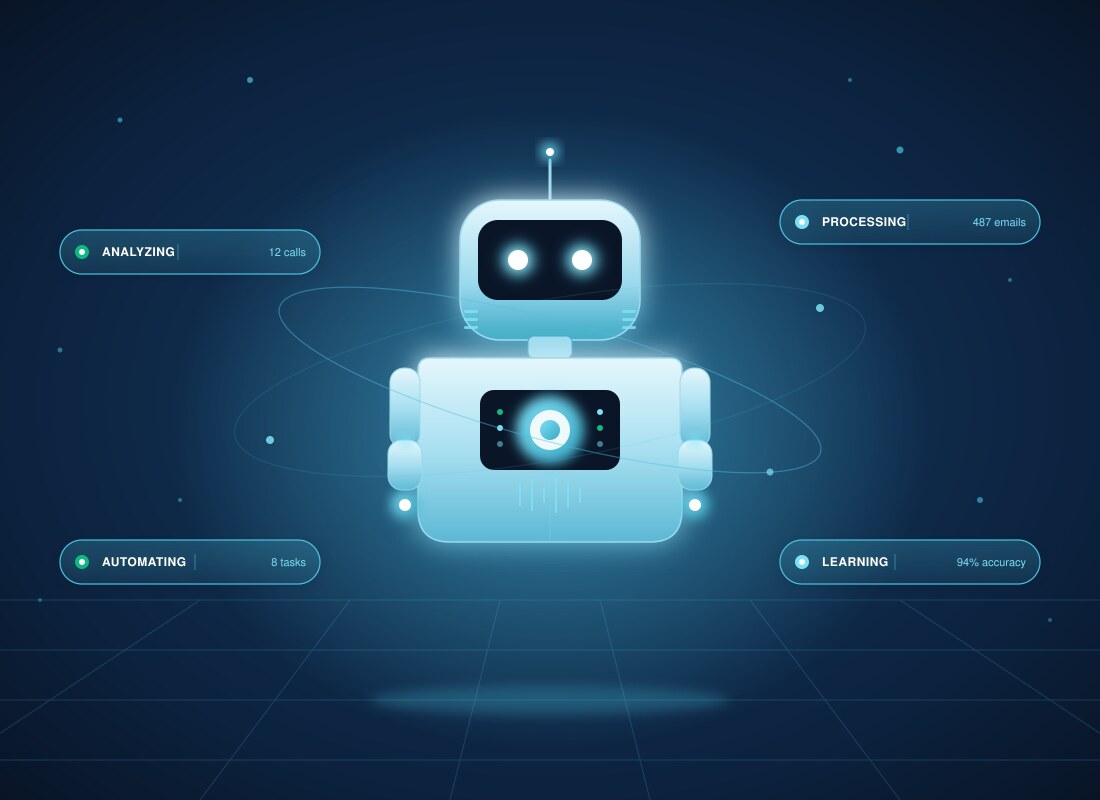 Futuristic friendly white-and-cyan AI robot with glowing eyes and chest core, surrounded by floating status chips showing real-time analyzing, processing, automating, and learning activity — custom AI agents for Bergen County NJ businesses