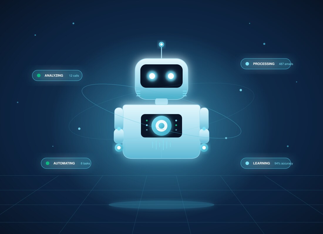 Futuristic friendly white-and-cyan AI robot with glowing eyes and chest core, surrounded by floating status chips showing real-time analyzing, processing, automating, and learning activity — custom AI agents for Bergen County NJ businesses