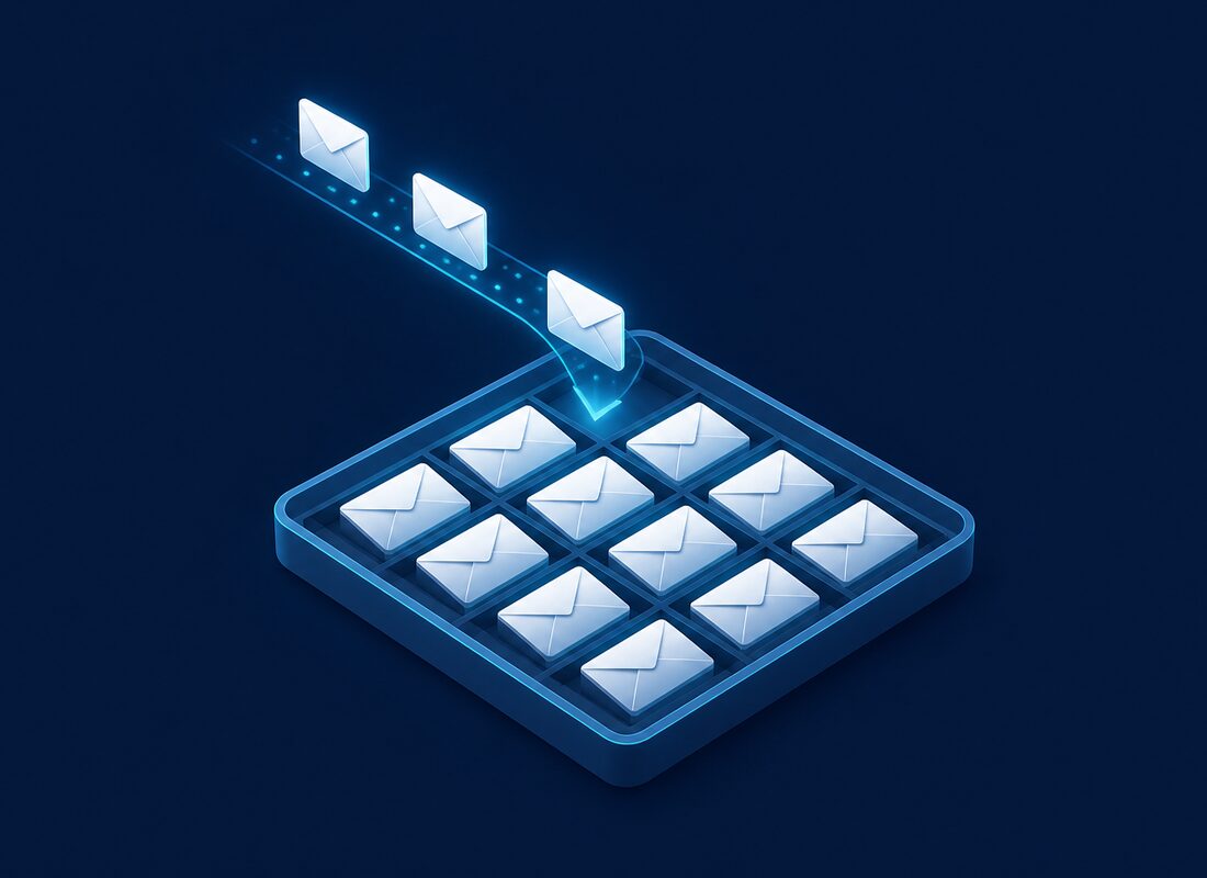 Business email messages flowing into an organized inbox
