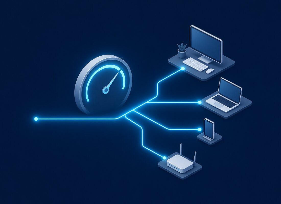 Fiber internet connection distributed to office workstations with a speed indicator