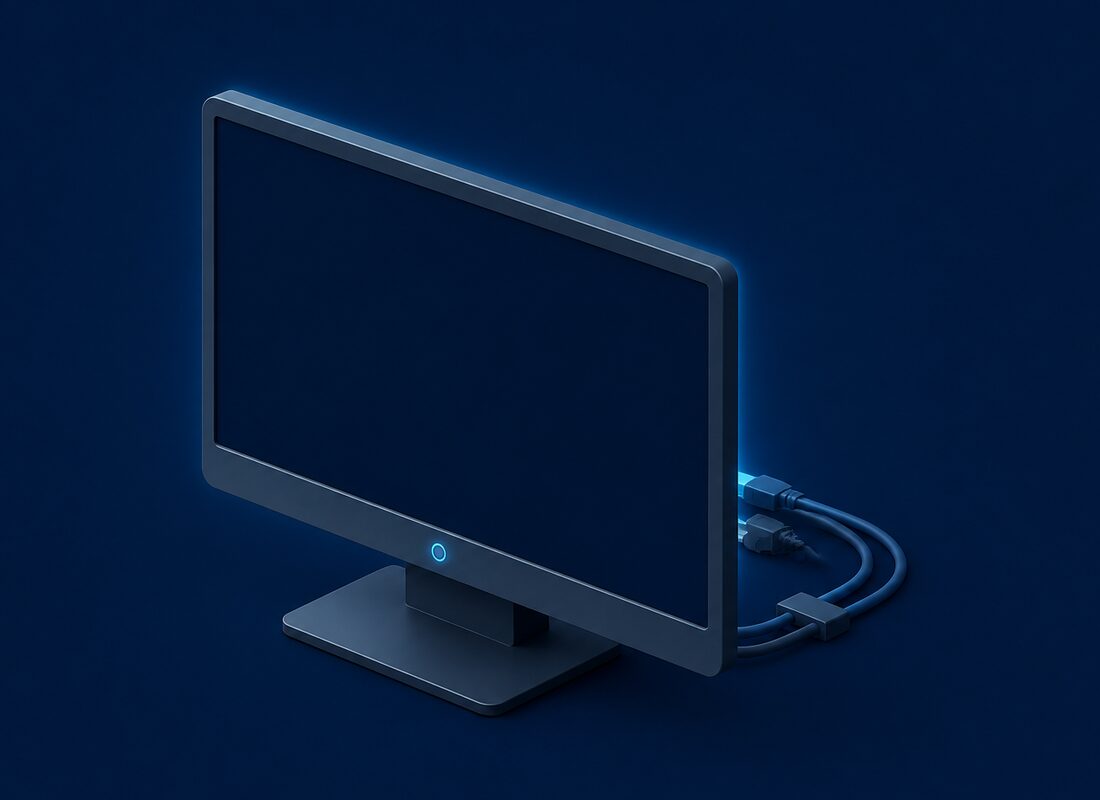 Dark computer monitor with a single illuminated power button