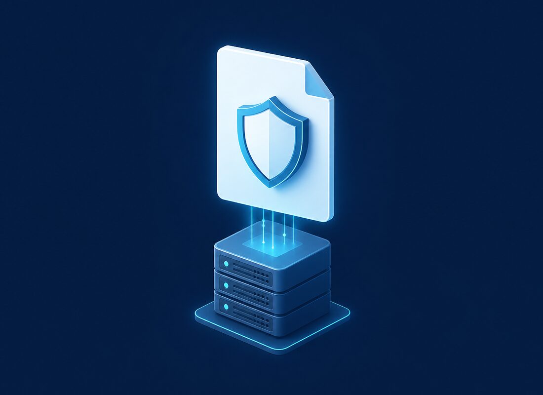 Cyber insurance policy document with a security shield over server infrastructure