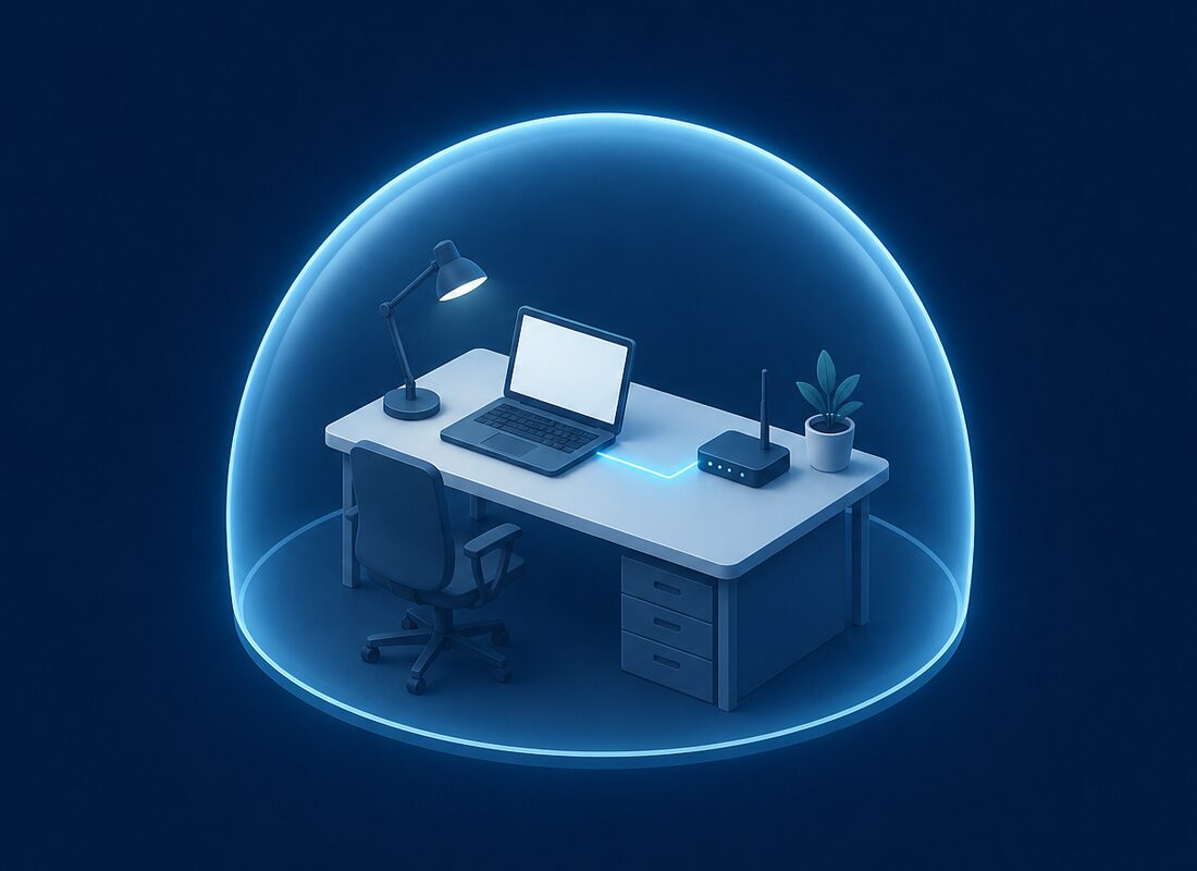 Home office workstation protected inside a security barrier