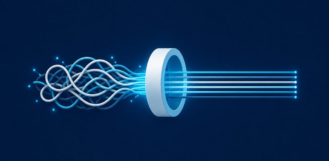 Tangled cabling resolving into an organized, orderly network
