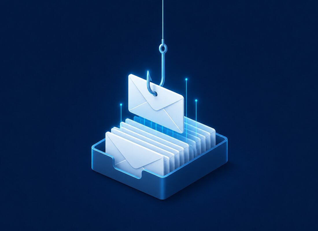 Phishing hook pulling a fraudulent email out of an inbox