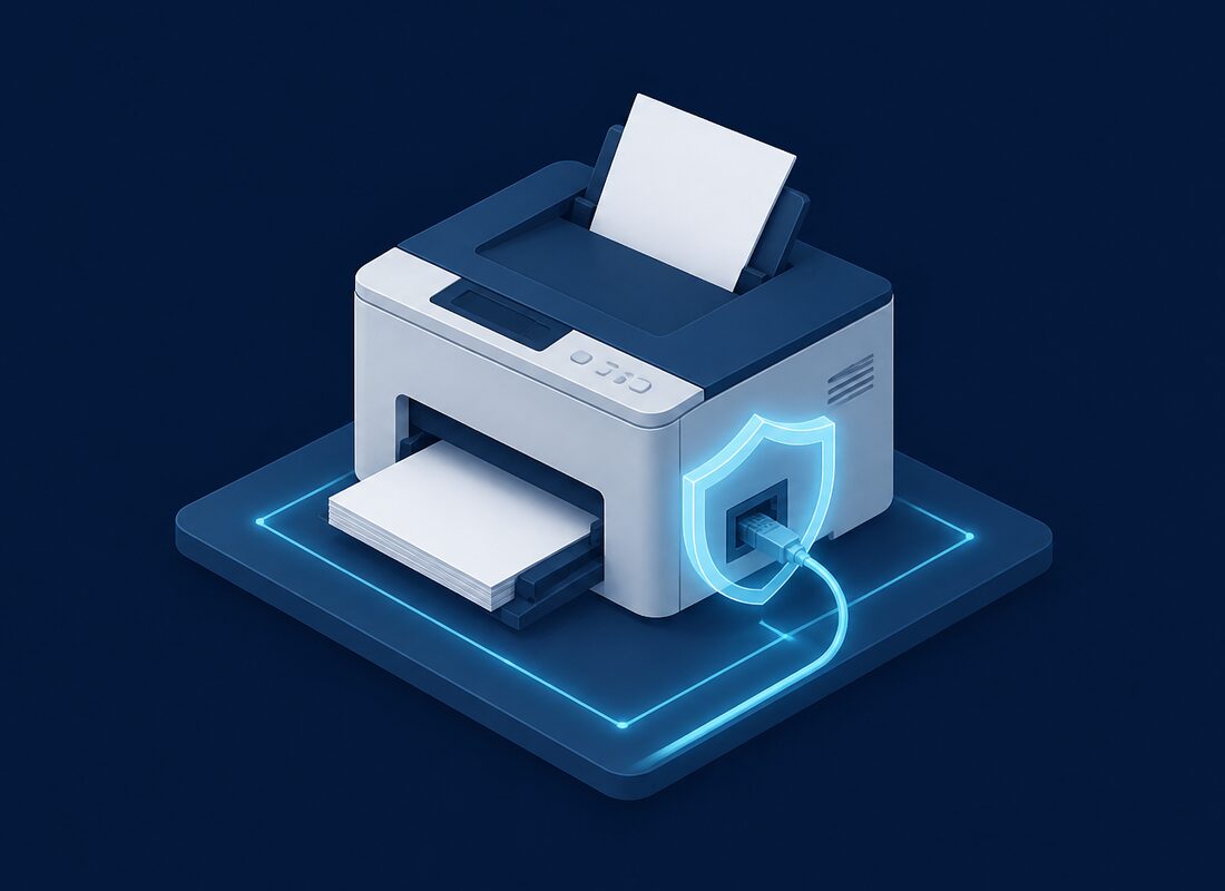 Networked office printer secured with a protective shield on its data port