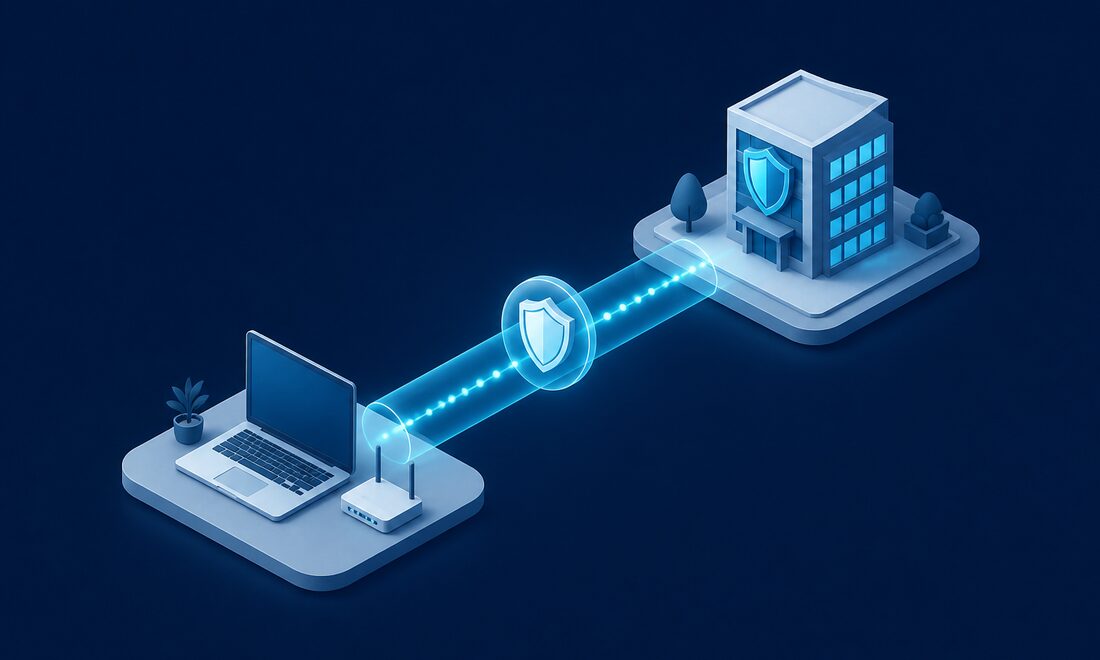 Remote laptop connecting securely back to headquarters over an encrypted link