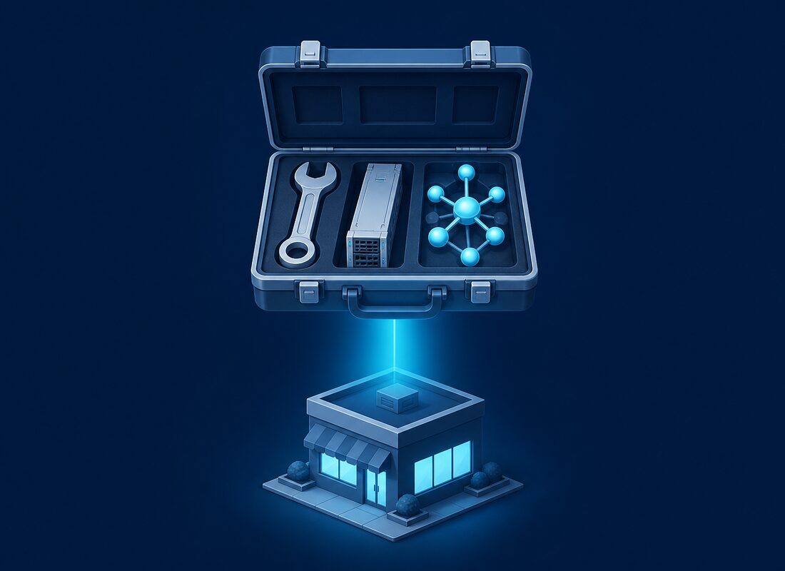 Floating IT toolkit with wrench, server blade and network node hovering over a small business