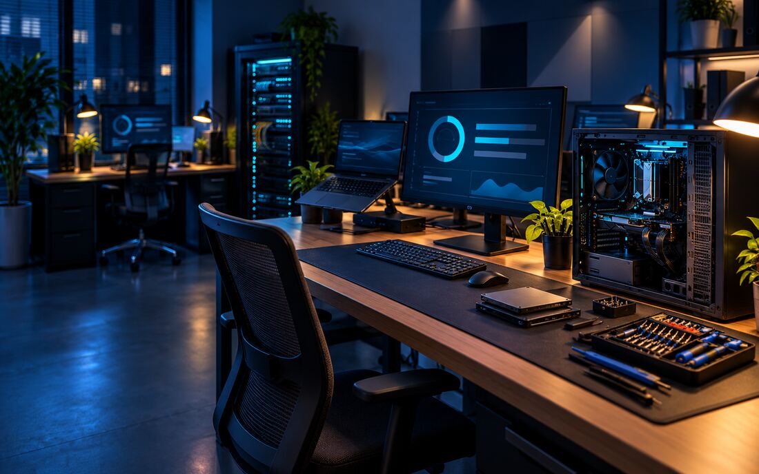 Business office workstations ready for on-site computer repair and support