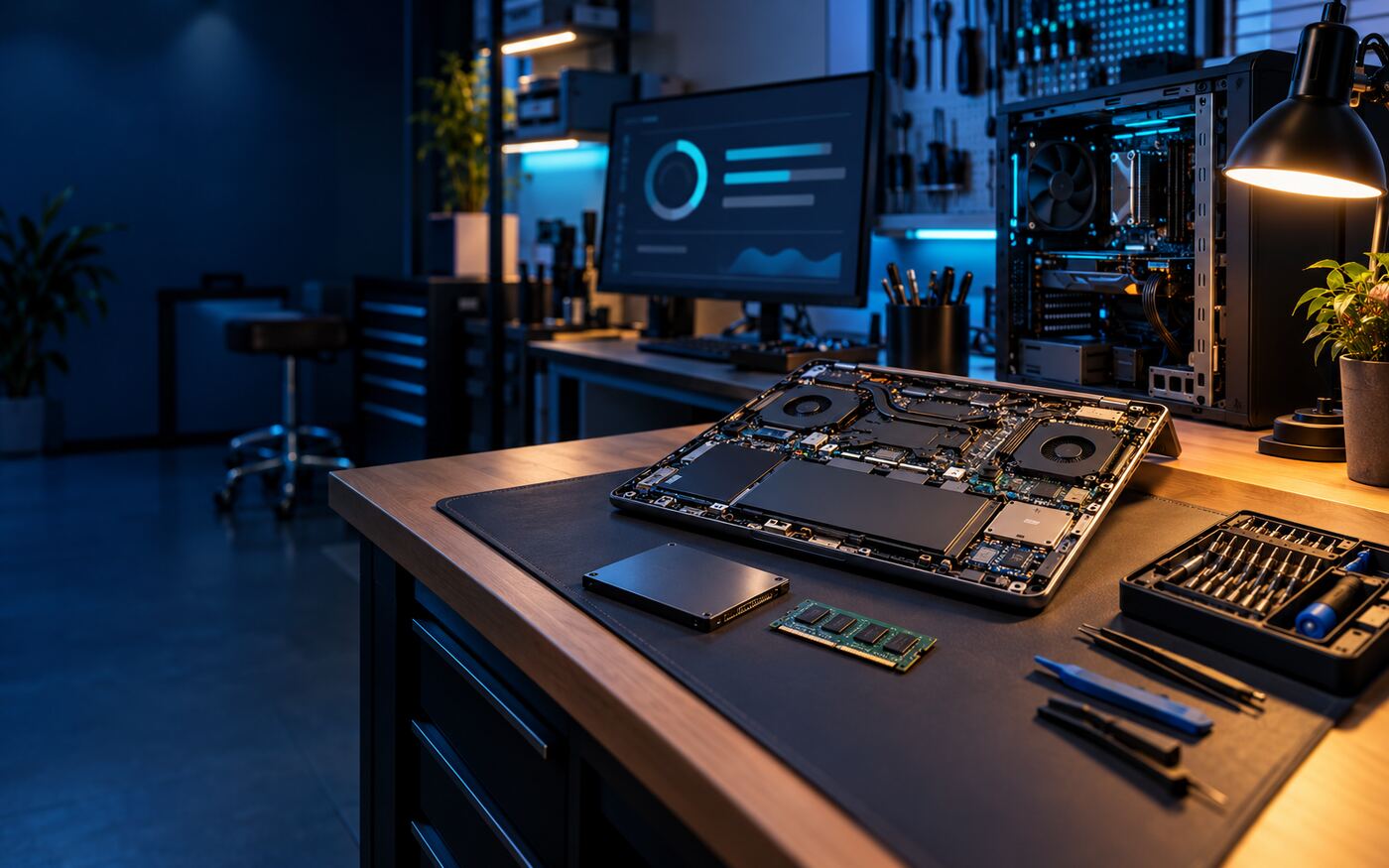 Computer repair workbench with an opened laptop, SSD and RAM upgrade parts and diagnostic tools