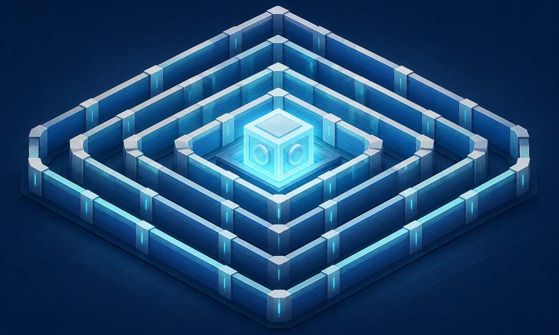 Concentric protective rings surrounding a glowing core data vault, illustrating defense in depth