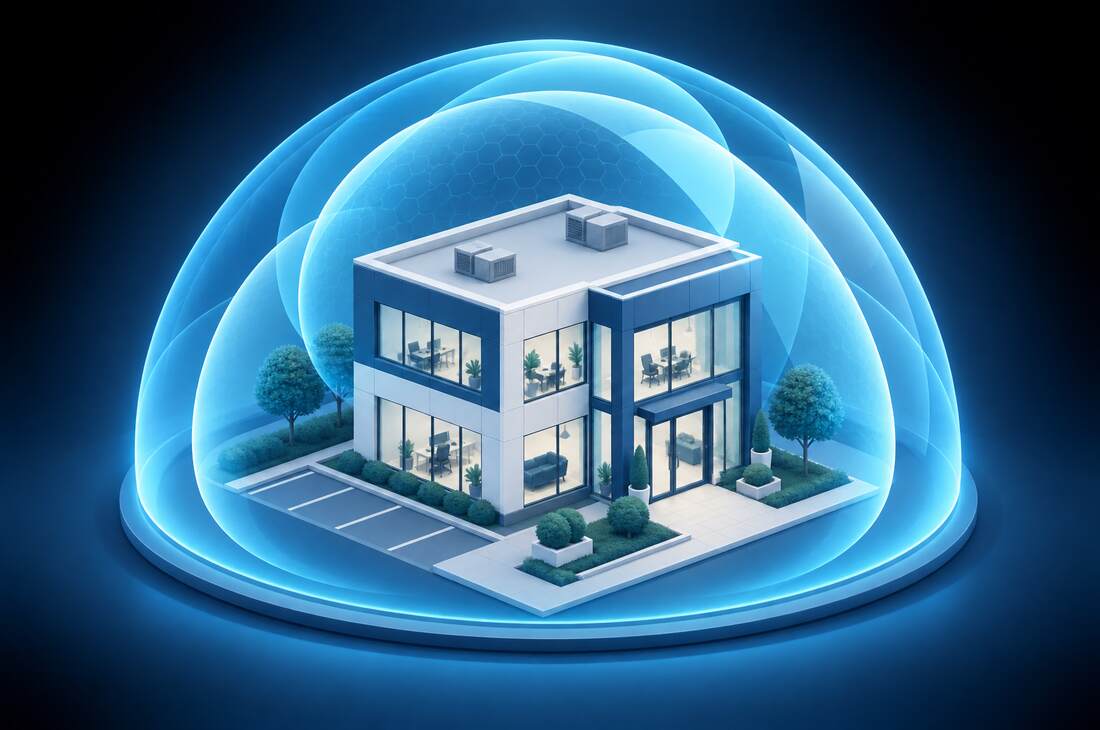 Layered translucent shield dome protecting a small office building