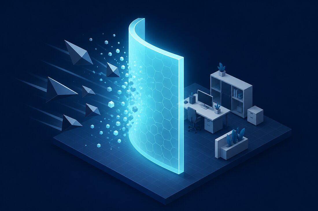 Incoming digital threats intercepted and dissolved by a protective barrier