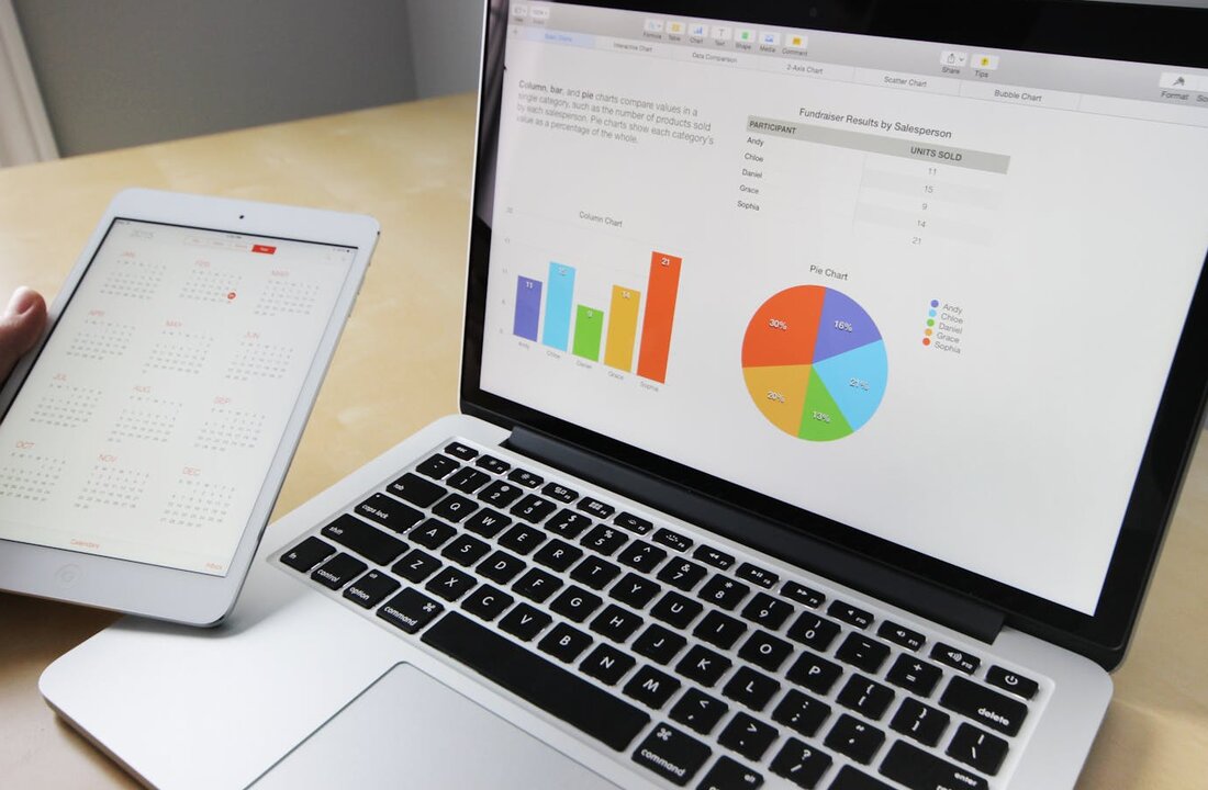 Laptop showing analytics dashboard with column chart, pie chart, and fundraiser results — digital marketing analytics for Bergen County NJ businesses