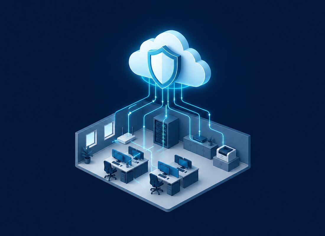 Isometric illustration of a Bergen County small business office connected to managed IT services, monitoring and security