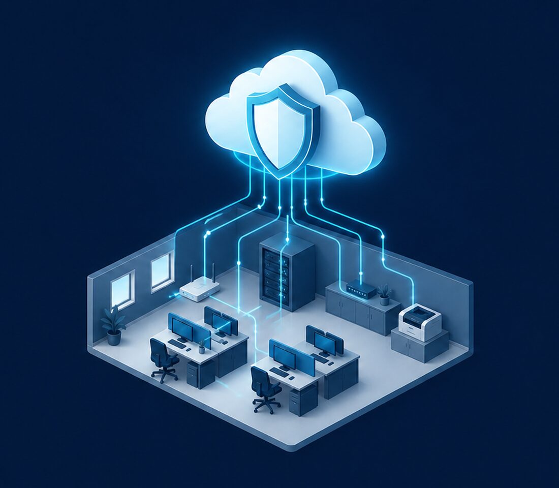 Isometric illustration of a Bergen County small business office connected to managed IT services, monitoring and security
