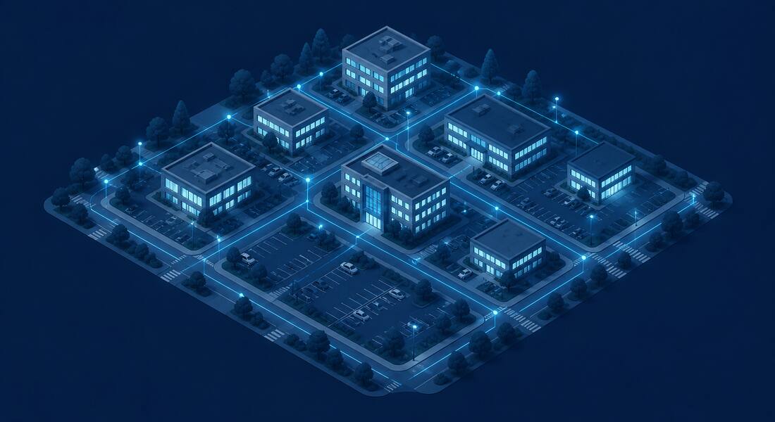 Isometric illustration of a suburban New Jersey business district at dusk with lit office buildings