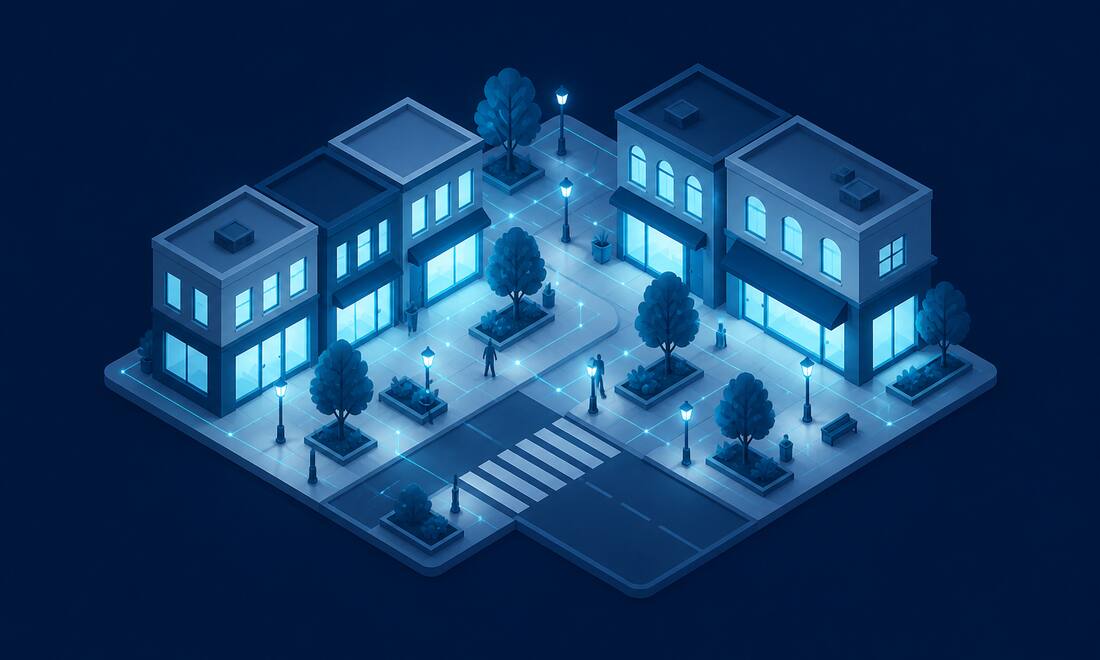 Isometric illustration of a walkable main street lined with two-story storefronts