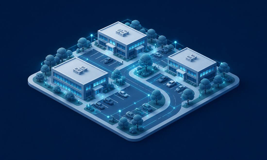 Isometric illustration of a tree-lined suburban office park in morning light