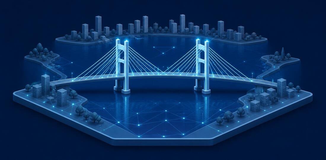 Isometric illustration of a suspension bridge crossing a wide river toward a distant skyline