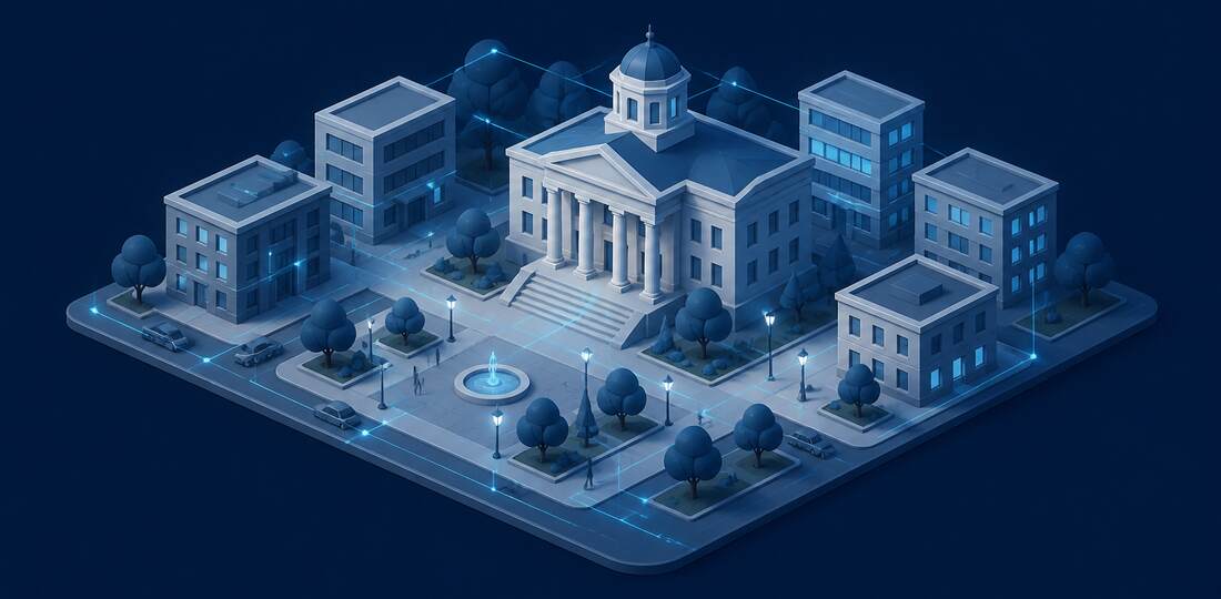 Isometric illustration of a civic downtown centered on a classical columned courthouse