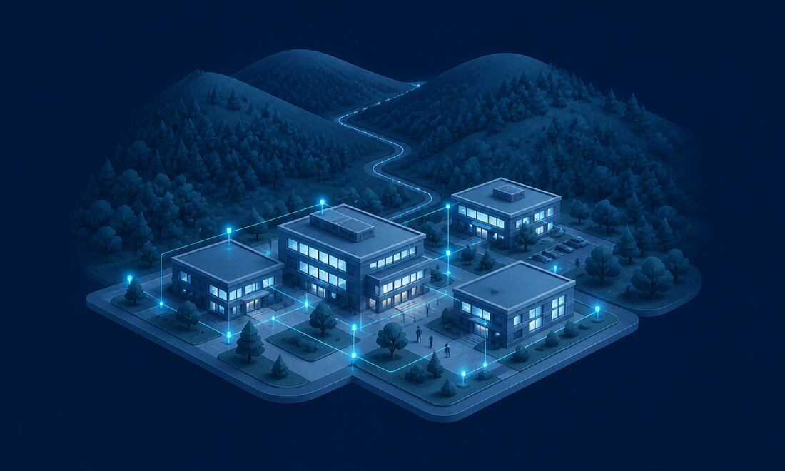 Isometric illustration of a corporate campus set against wooded hills