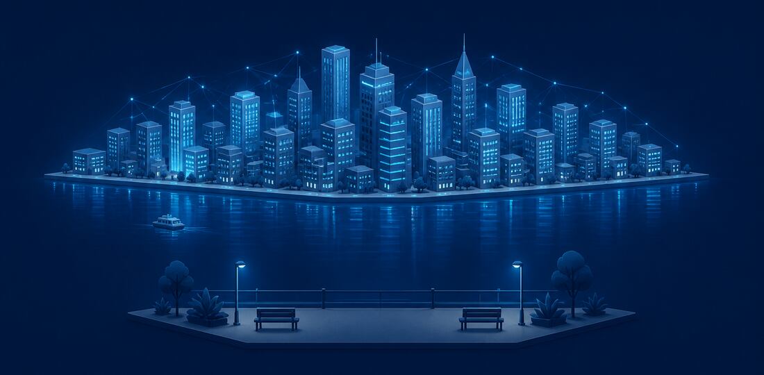 Isometric illustration of a dense city skyline seen across the river from the New Jersey shore
