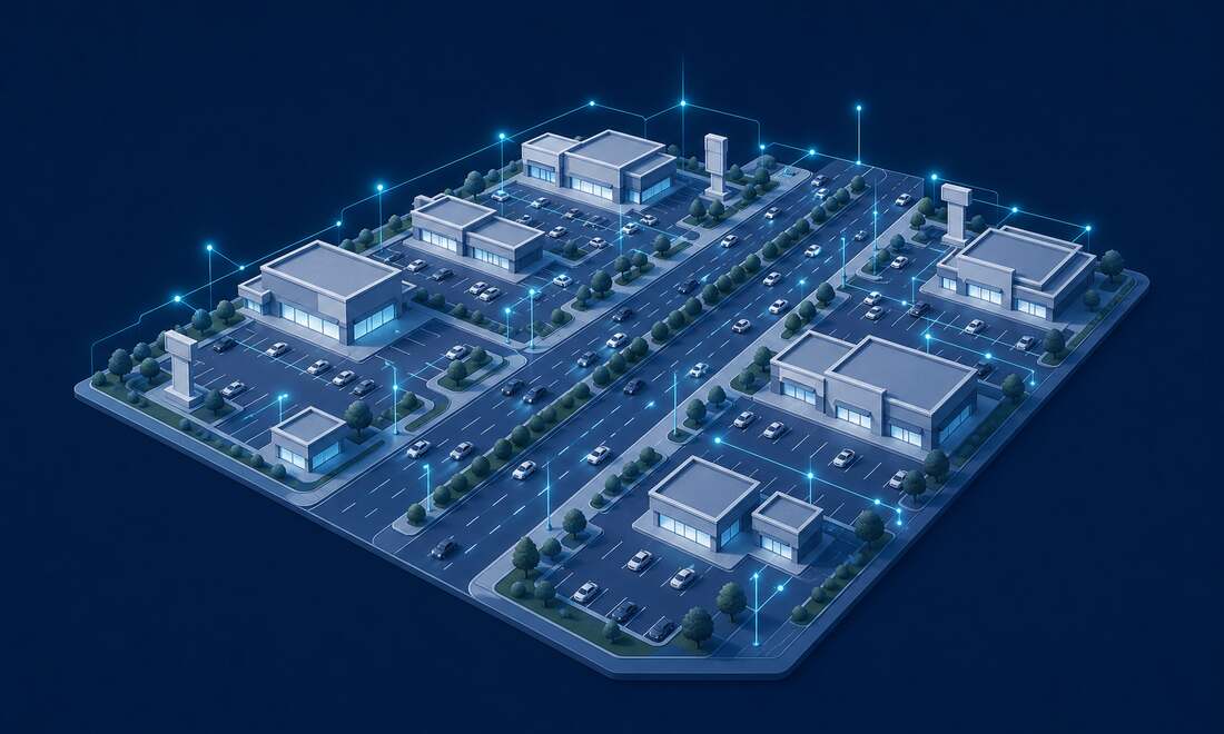 Isometric illustration of a busy retail highway corridor lined with shopping plazas