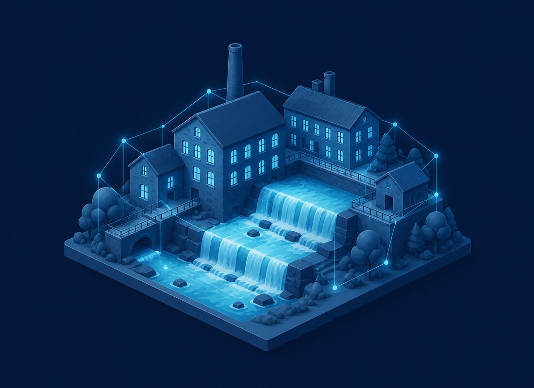 Isometric illustration of a historic waterfall beside red-brick mill buildings