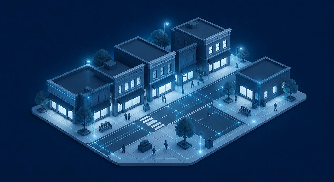 Isometric illustration of a small-town main street with low brick storefronts and street trees