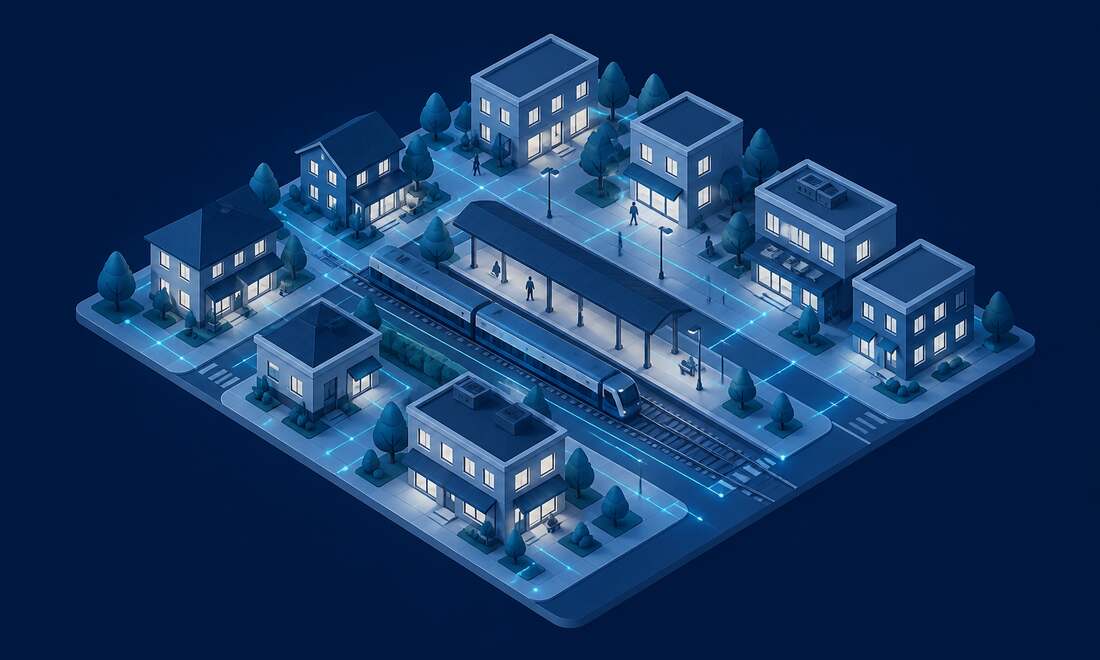 Isometric illustration of a village downtown centered on a commuter rail station