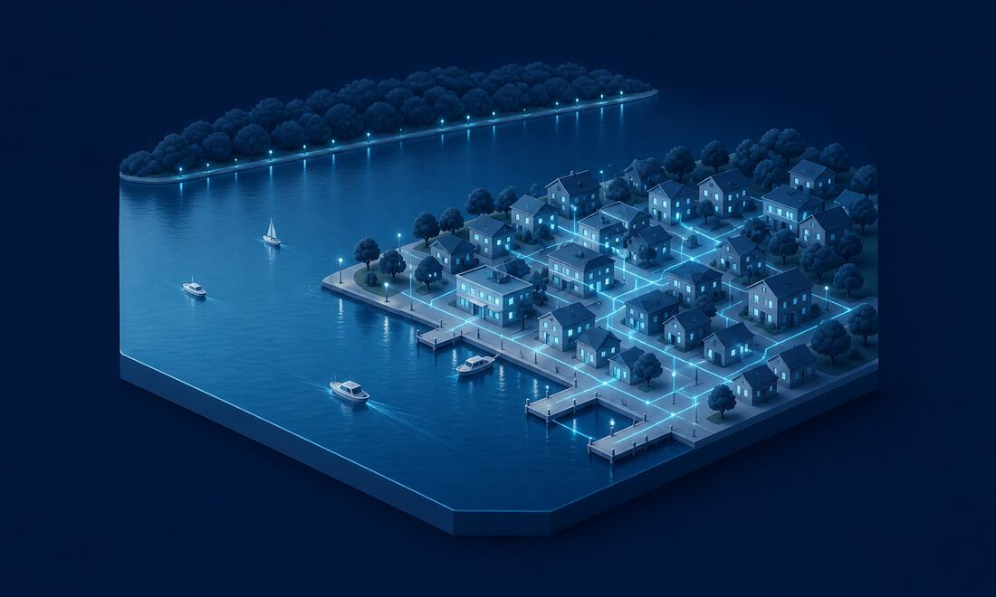 Isometric illustration of a riverfront village on a wide river with boats at the shoreline