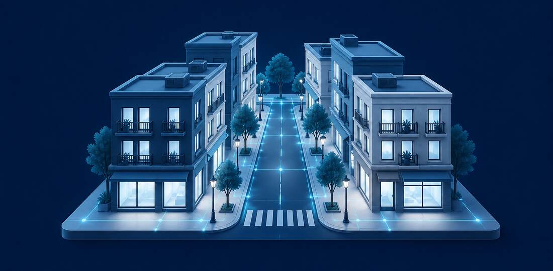 Isometric illustration of a neighborhood commercial avenue with mixed-use shops and apartments