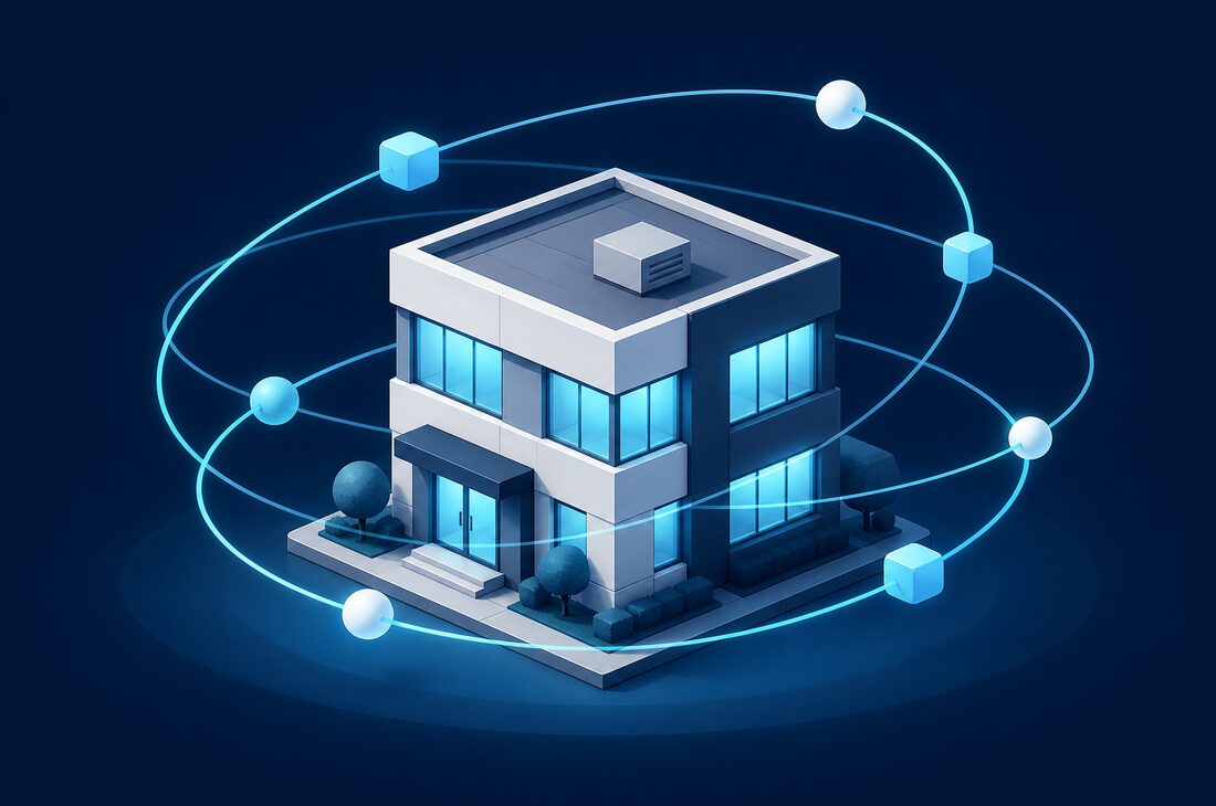 Isometric office building encircled by orbiting rings representing 24/7 monitoring, patching and backup
