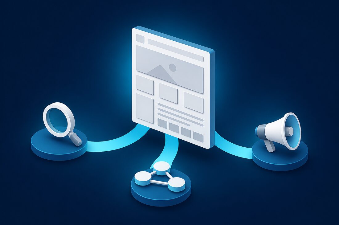 Website wireframe fanning outward into search, advertising and social marketing channels