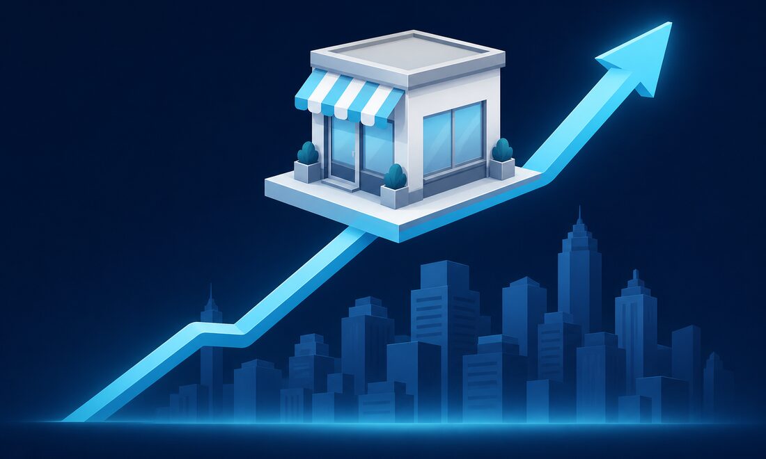 Rising growth trend line lifting a small storefront above a city skyline