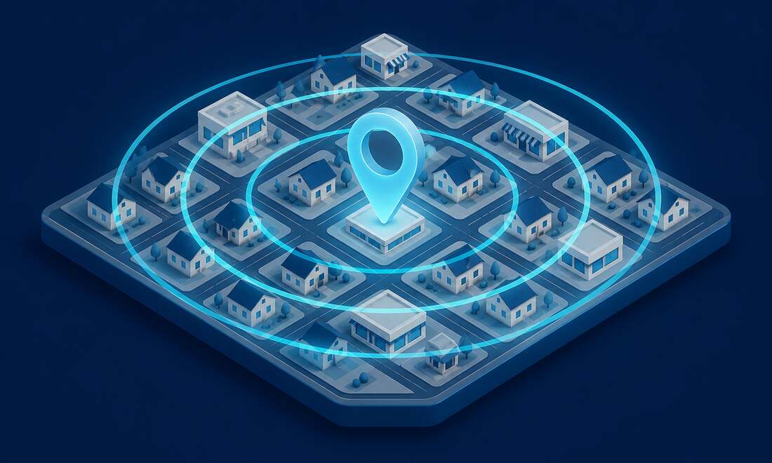Local map pin at the centre of expanding engagement rings over a neighbourhood grid