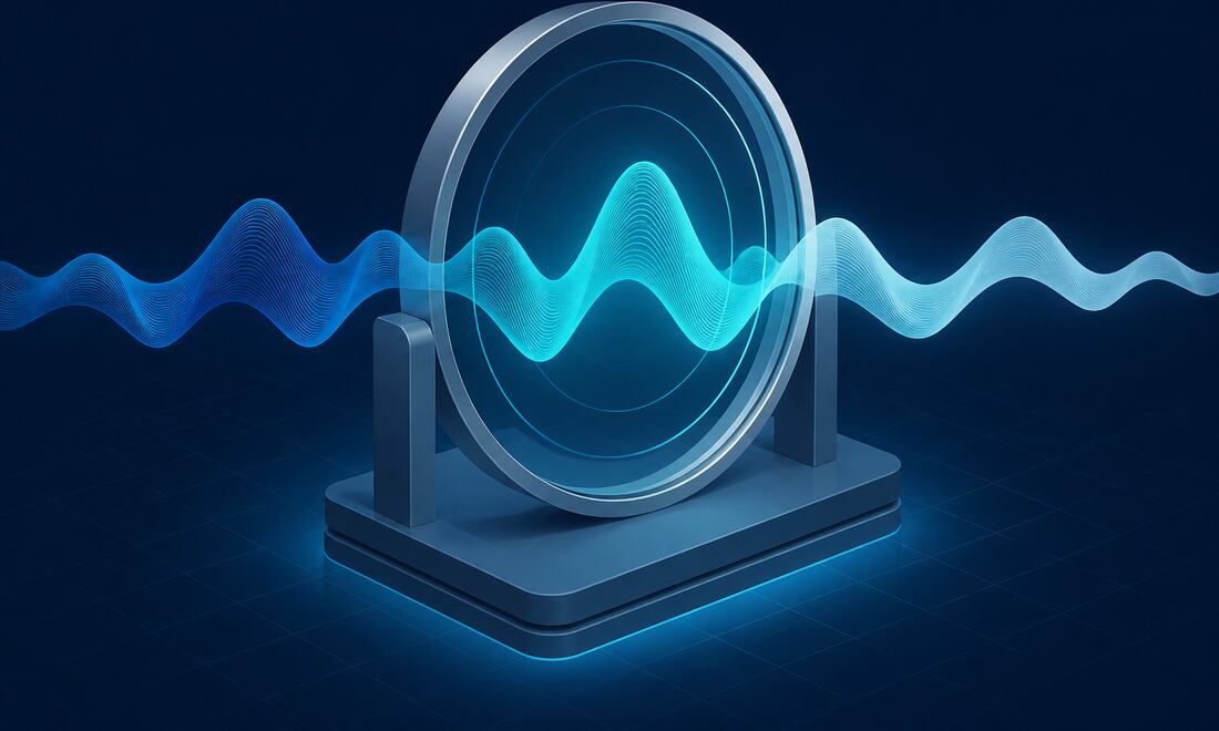 Audio waveform being analysed by an AI lens with sentiment shown as a colour shift