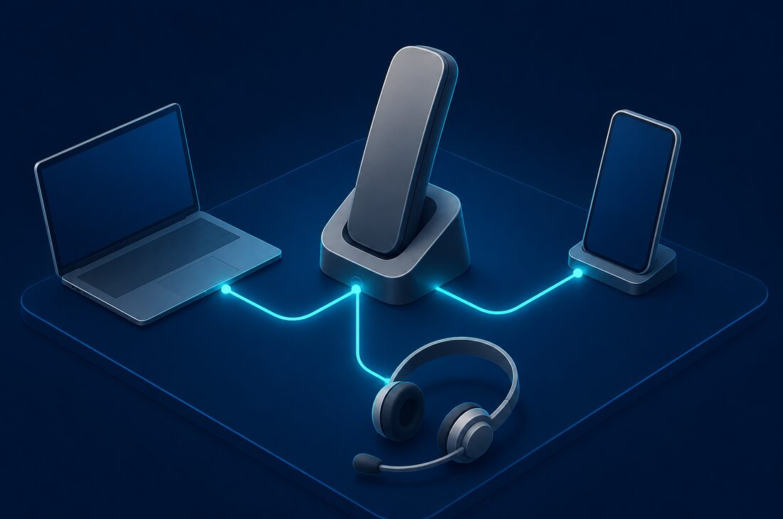 Modern desk handset connected by glowing lines to a laptop, mobile phone and headset
