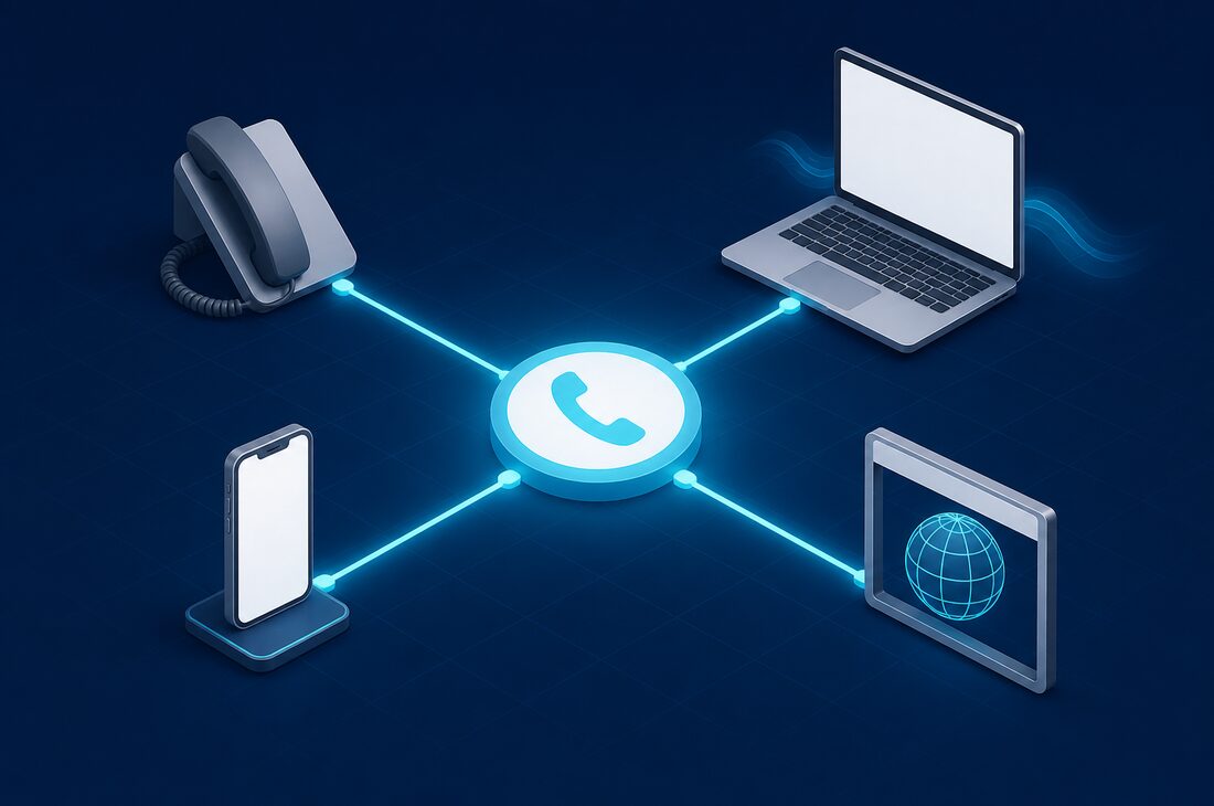 One phone number branching to desk phone, softphone, mobile and browser endpoints