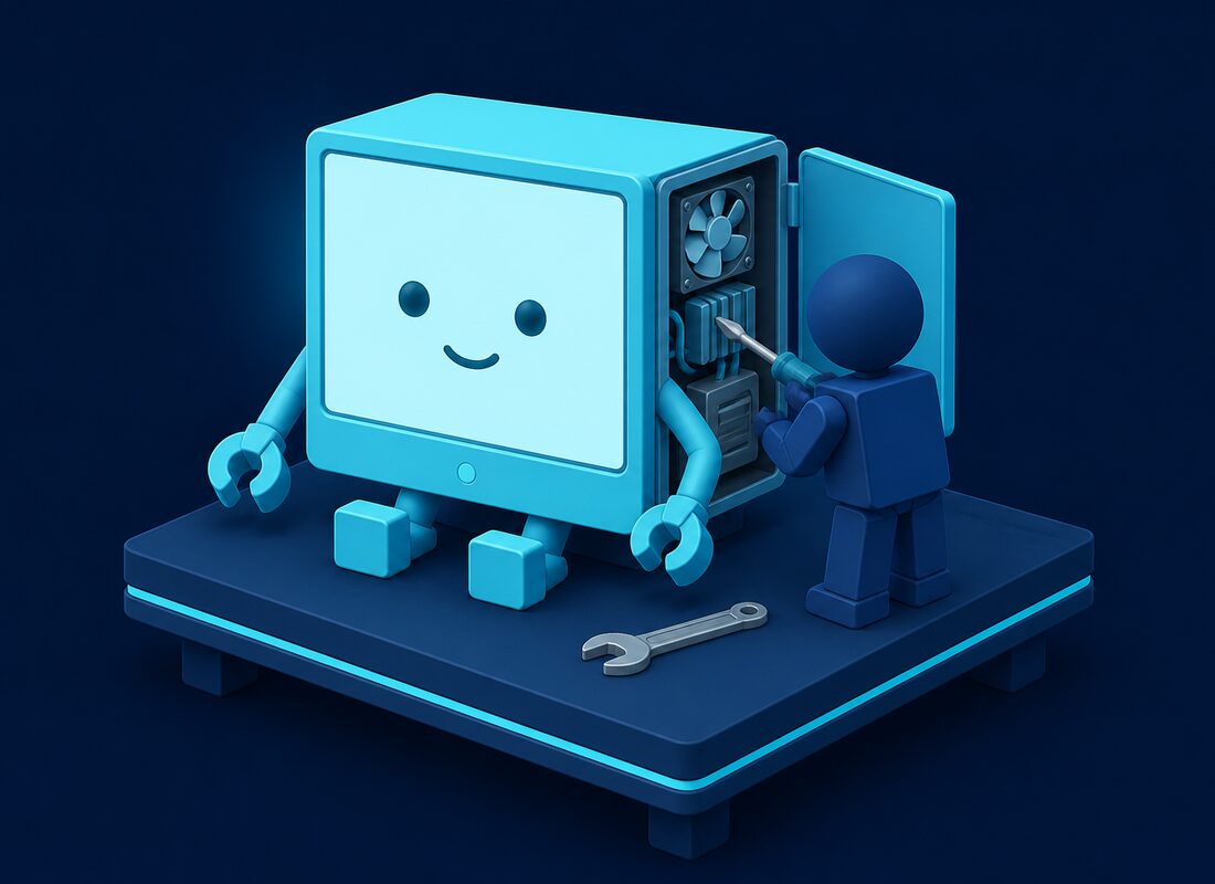 Friendly cyan desktop computer character being repaired at a walk-in service bench